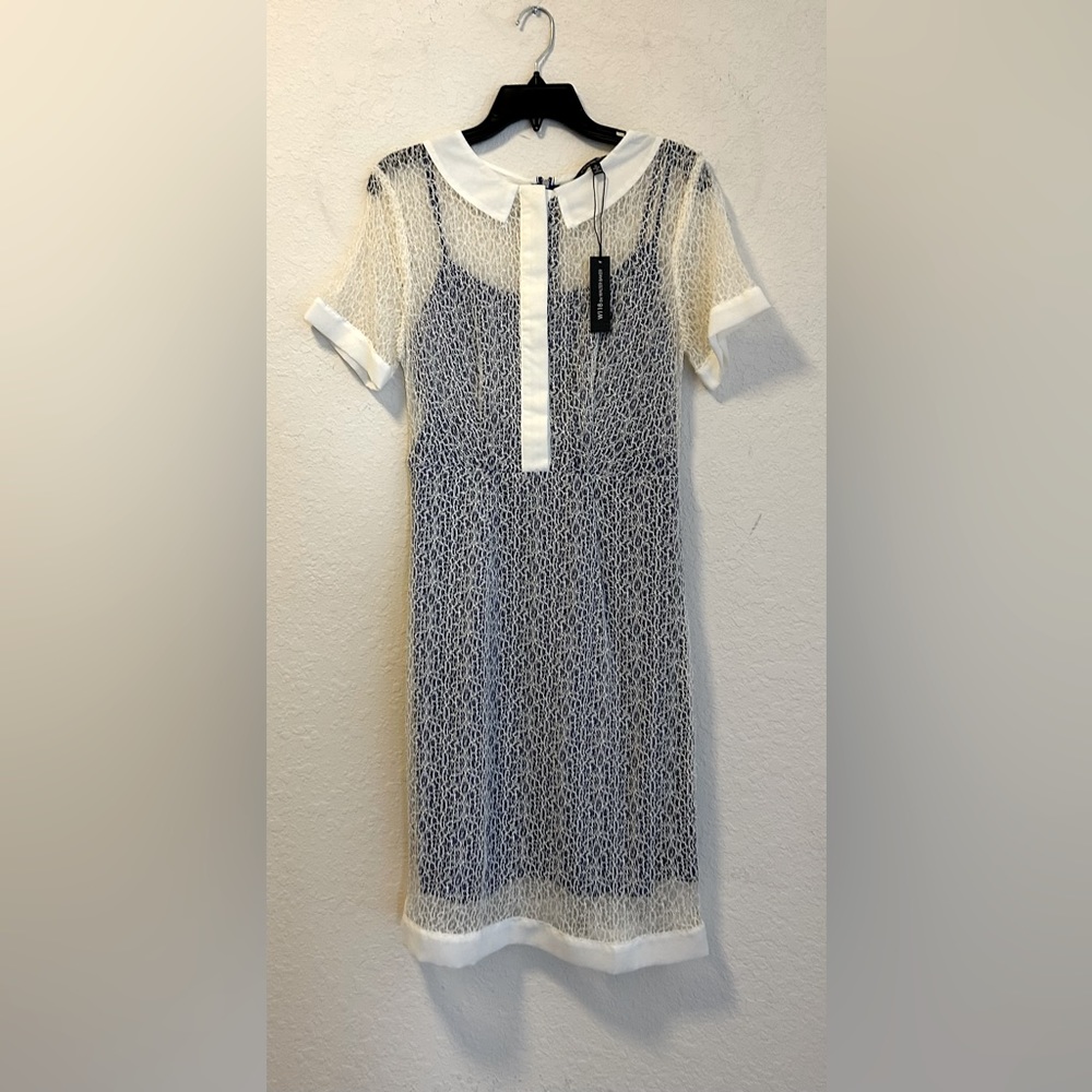 Netted ivory white dress with royal blue liner dress underneath.